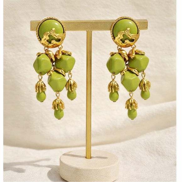 Lime Green & Gold Statement Drop Earrings – Modern Geometric Chandelier Style - Picture 2 of 7